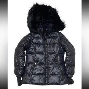 Diesel Women's Black Puffer Parka Jacket Removable Hooded Fur Trim Size 14